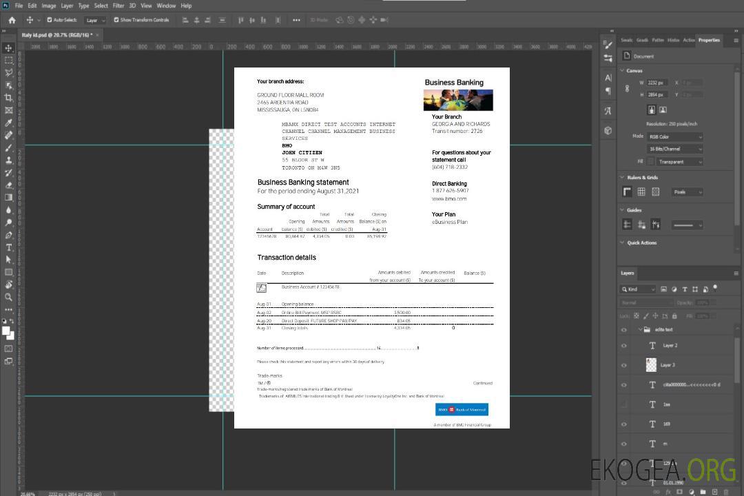 Modèle de relevé de preuve d'adresse bancaire de BMO Banque de Montréal aux formats Excel et PDF template